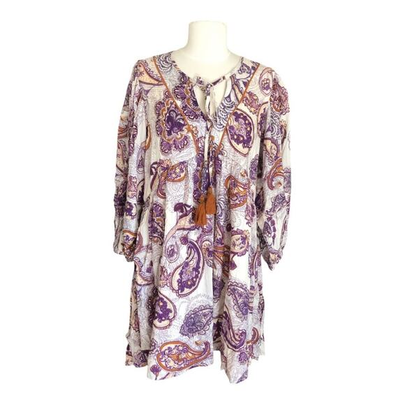 Band Of The Free NWT Lyonnette Paisley Boho Long Sleeve Mini Dress Cream Purple - Picture 2 of 13